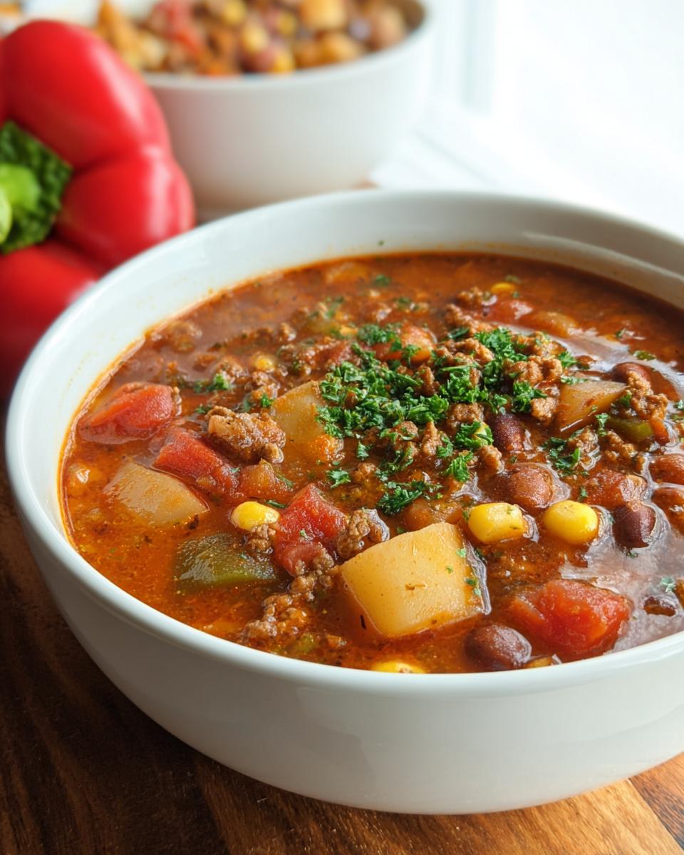 A close-up of a bowl of hearty Cowboy Soup, featuring ground beef, beans, corn, potatoes, and tomatoes, garnished with parsley.
