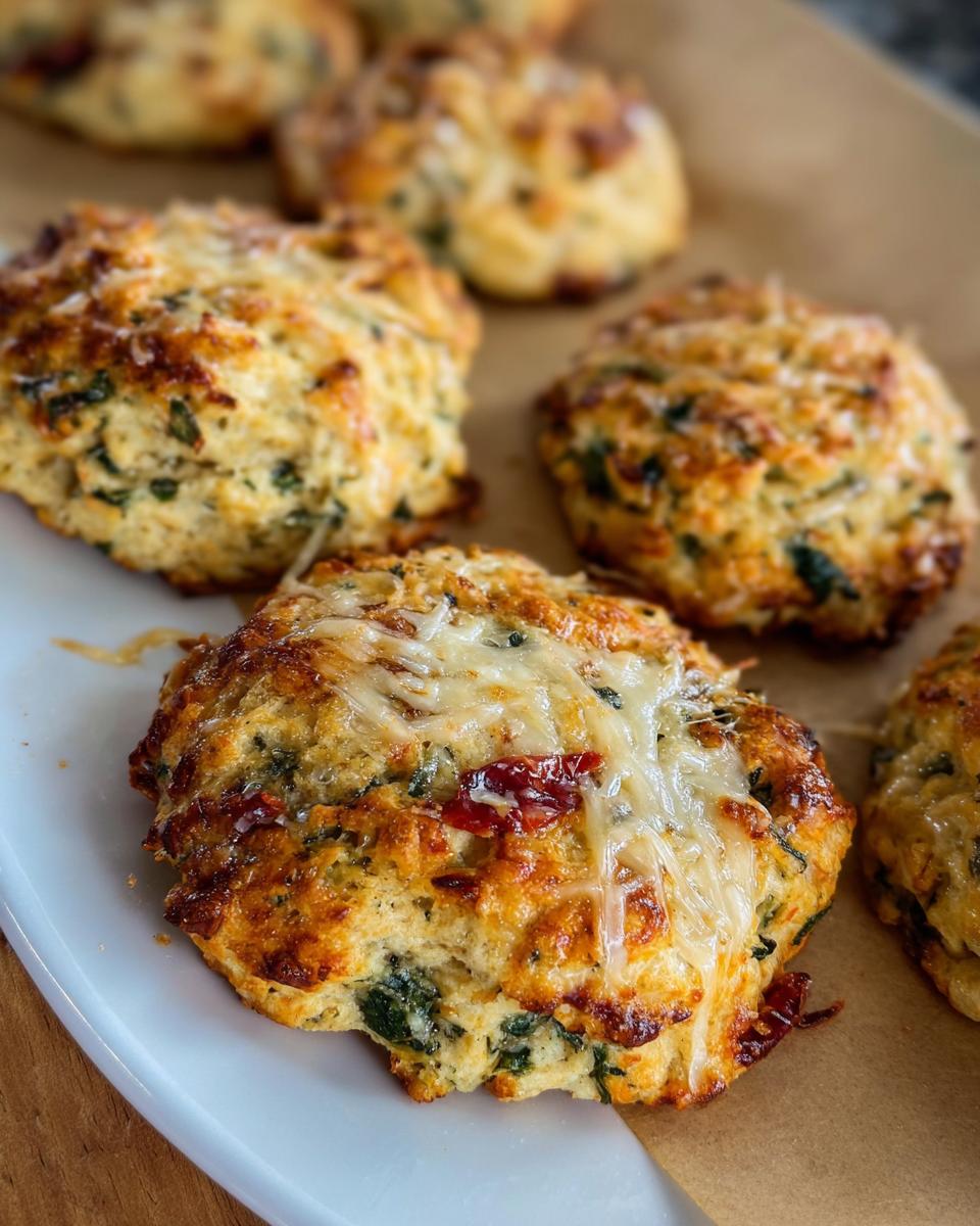 Close-up of golden-brown High Protein Breakfast Biscuits topped with melted cheese and herbs.