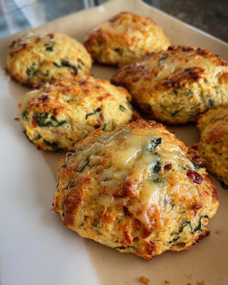 A close-up of golden-brown High Protein Breakfast Biscuits topped with melted cheese and visible herbs.