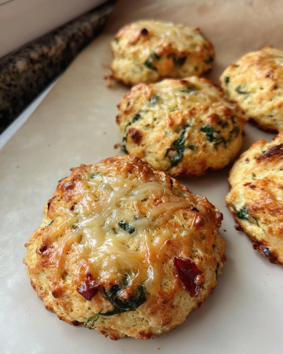 Close-up of golden-brown High Protein Breakfast Biscuits topped with melted cheese and visible spinach.