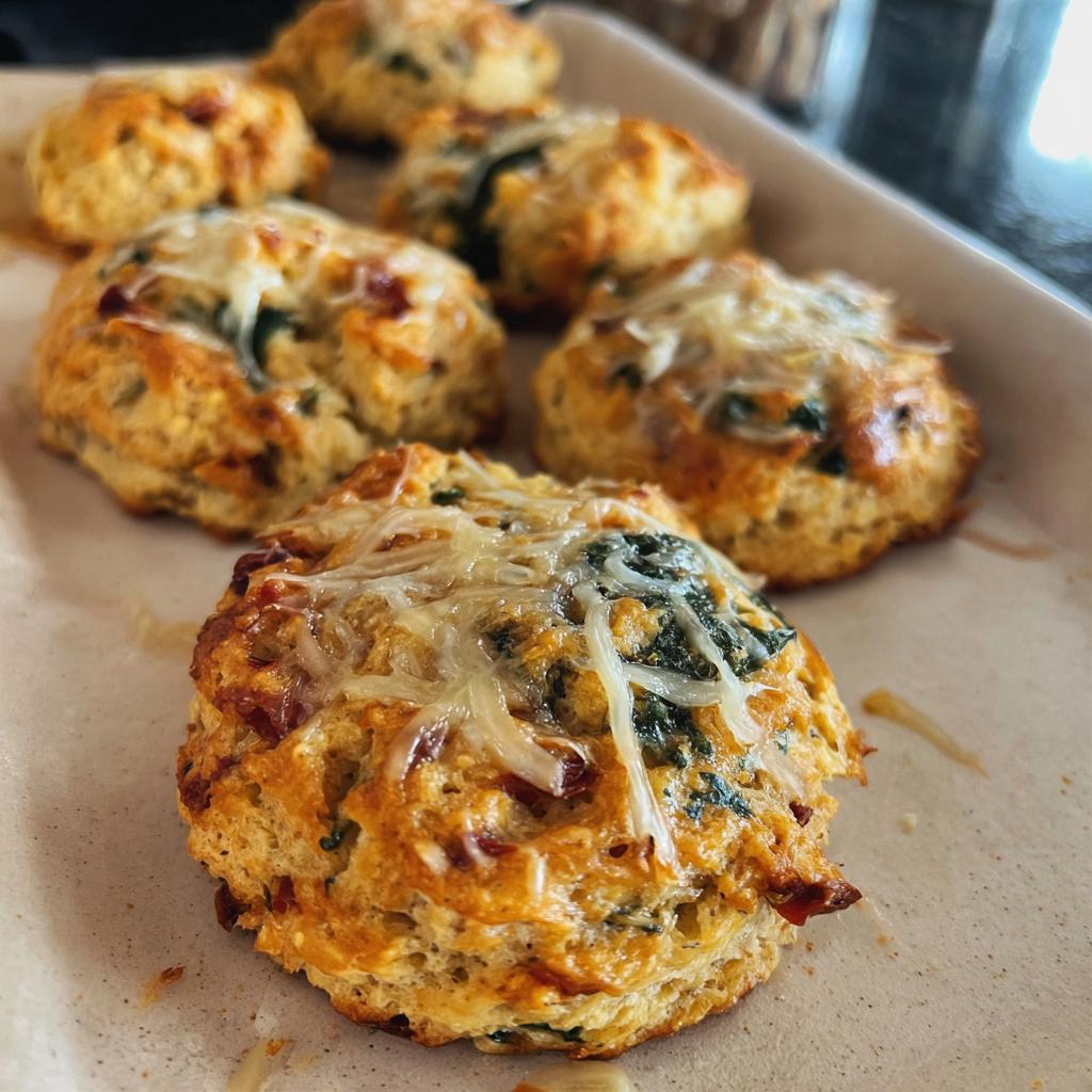 Close-up of a golden-brown High Protein Breakfast Biscuit topped with melted cheese and visible spinach and bacon bits.