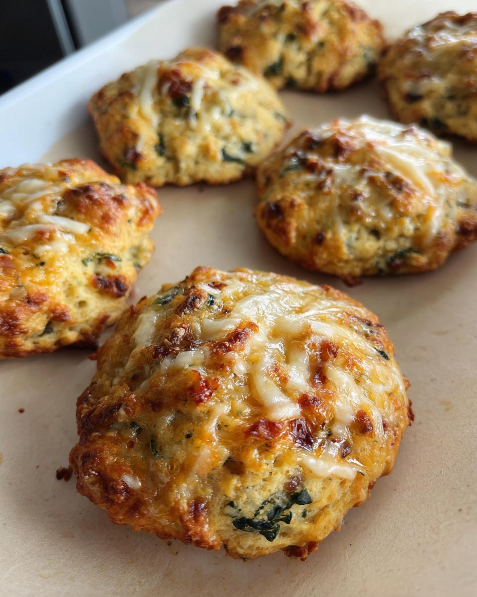 Close-up of golden-brown High Protein Breakfast Biscuits topped with melted cheese and visible herbs.