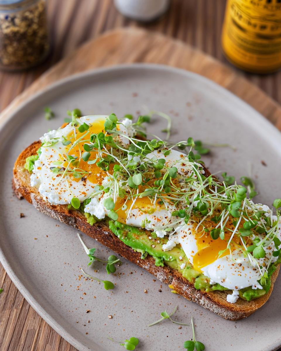 A slice of toast topped with mashed avocado, cottage cheese, poached eggs, and microgreens, a perfect High-Protein Breakfast.