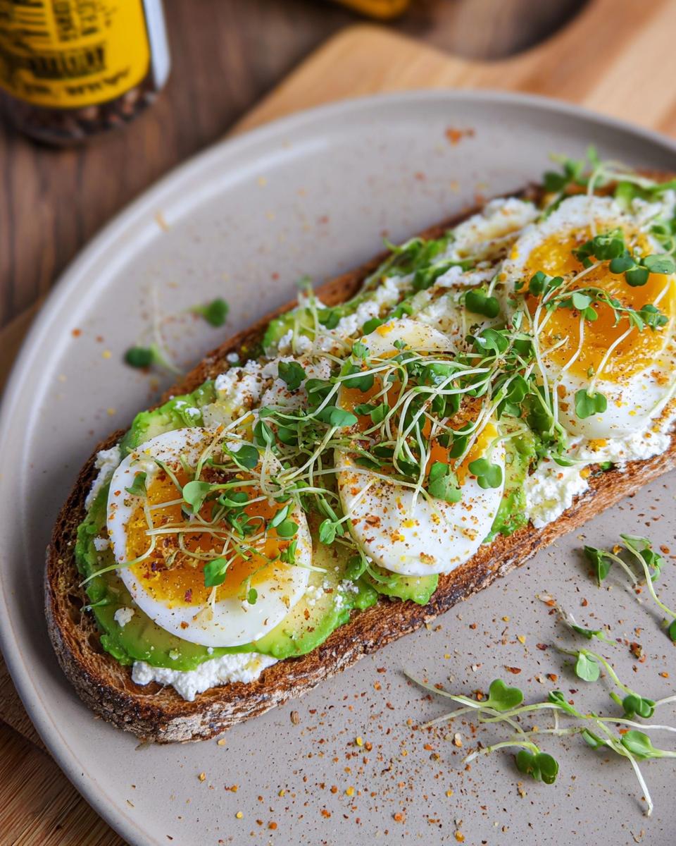 A slice of toast topped with mashed avocado, cottage cheese, sliced hard-boiled eggs, and microgreens for a high-protein breakfast.