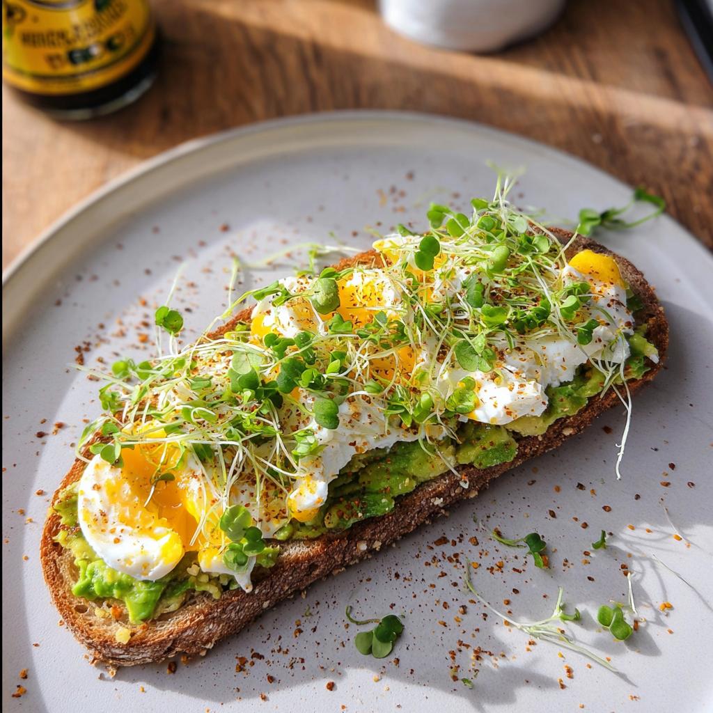 A slice of toast topped with mashed avocado, cottage cheese, poached eggs, and microgreens, representing a high-protein breakfast wrap.