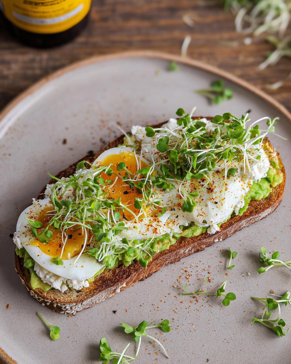 A slice of toast topped with mashed avocado, cottage cheese, a poached egg, and microgreens. High-Protein Breakfast Wrap.
