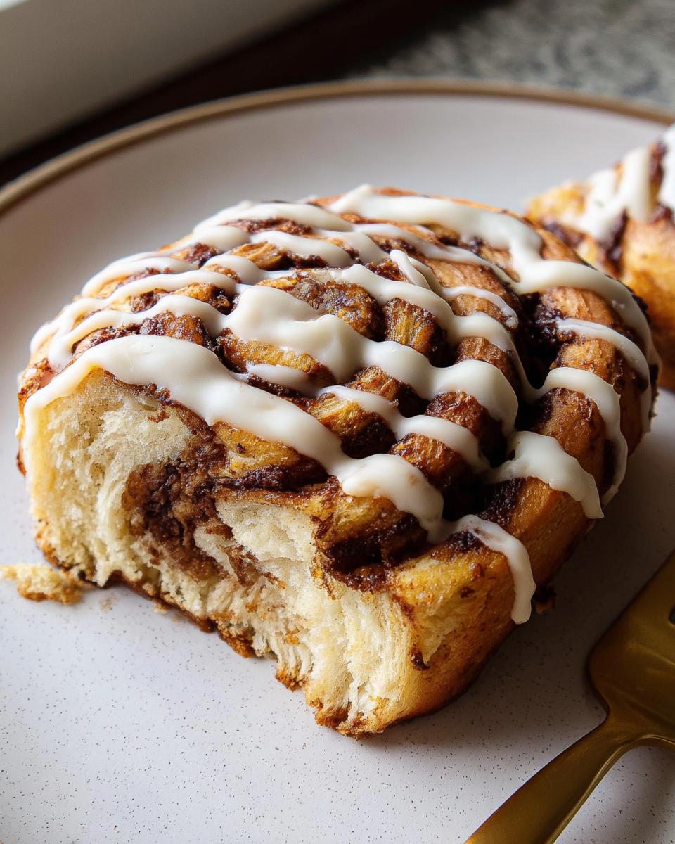 A slice of moist High-Protein Cinnamon Roll Bread drizzled with white icing, showing the swirled cinnamon filling.