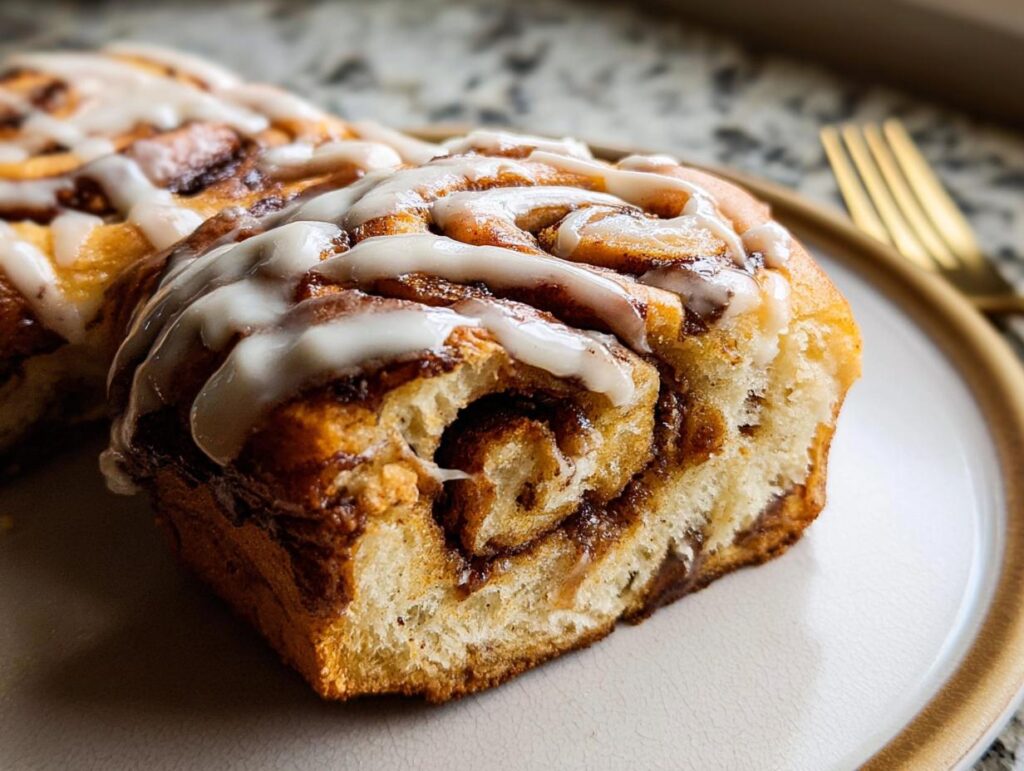 A close-up of a slice of high-protein cinnamon roll bread, drizzled with white icing.