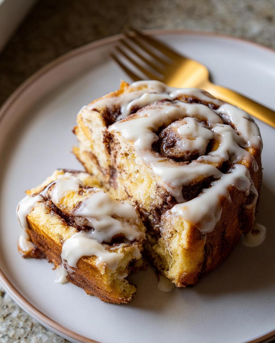 A slice of high-protein cinnamon roll bread, made with cottage cheese, drizzled with icing.