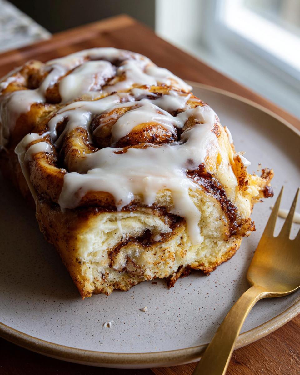 A slice of high-protein cinnamon roll bread, drizzled with icing, on a plate with a golden fork.