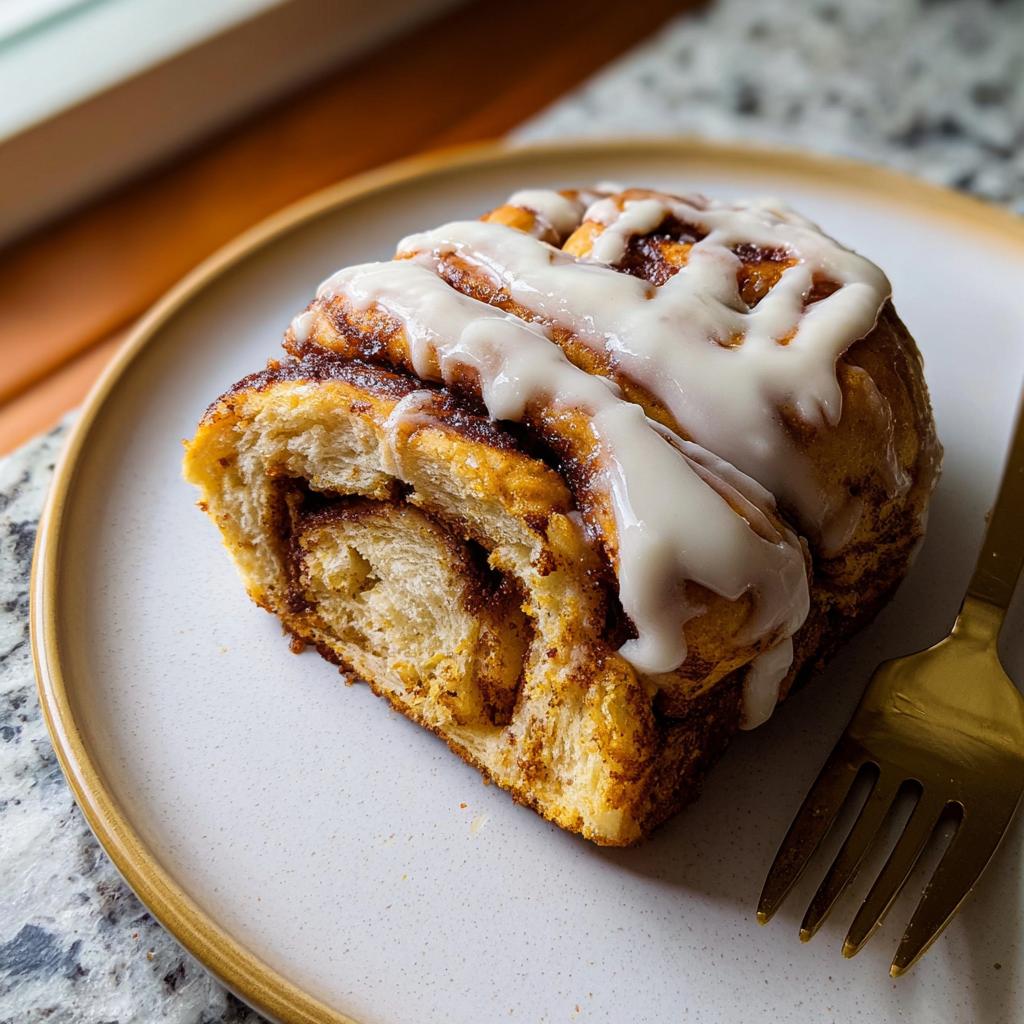 A slice of high-protein cinnamon roll bread made with cottage cheese, topped with a creamy glaze.