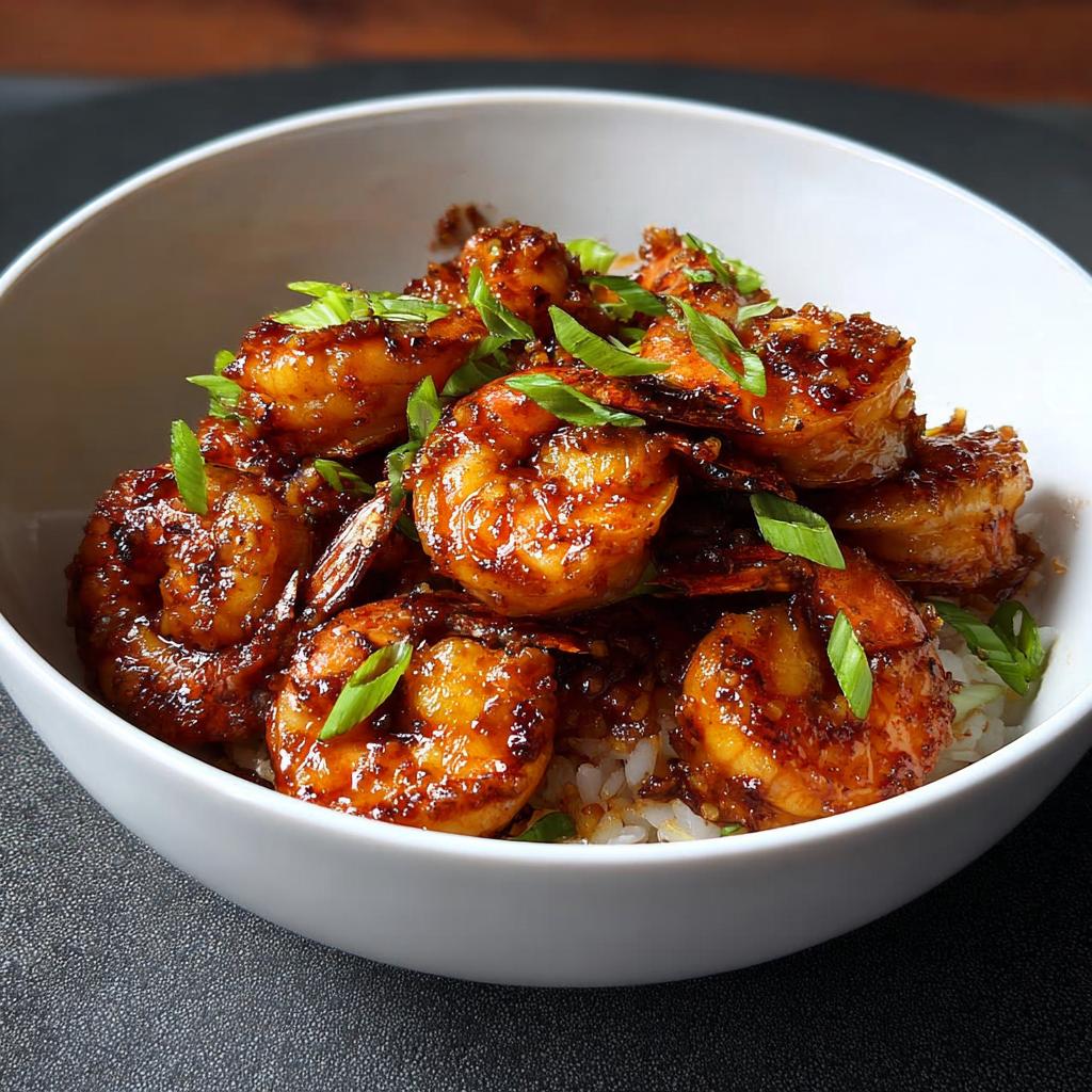 A bowl of fluffy white rice topped with glistening High-Protein Honey Garlic Shrimp and garnished with chopped green onions.