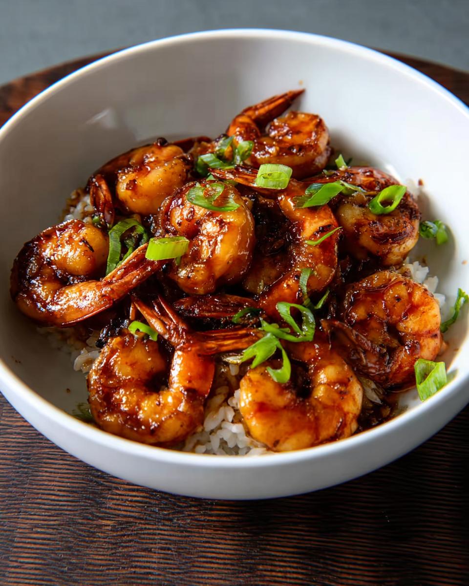 A close-up of a white bowl filled with white rice and topped with glistening, glazed High-Protein Honey Garlic Shrimp and chopped green onions.
