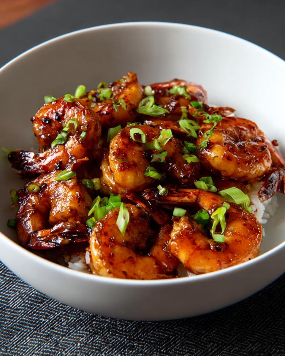 A bowl of fluffy white rice topped with glistening High-Protein Honey Garlic Shrimp and chopped green onions.