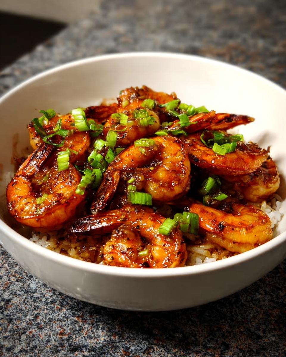 A close-up of a white bowl filled with fluffy white rice topped with glistening High-Protein Honey Garlic Shrimp and chopped green onions.