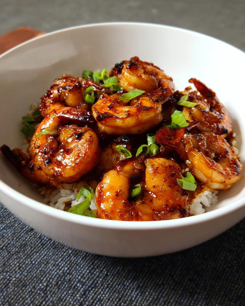A bowl of fluffy white rice topped with glistening, glazed High-Protein Honey Garlic Shrimp and chopped green onions.