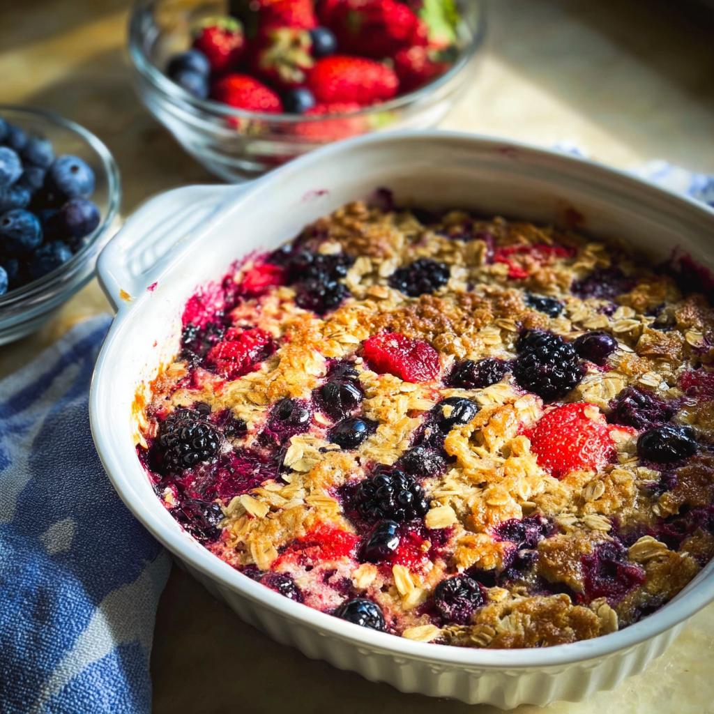 A freshly baked High Protein Triple Berry Bake in a white dish, topped with oats and mixed berries.