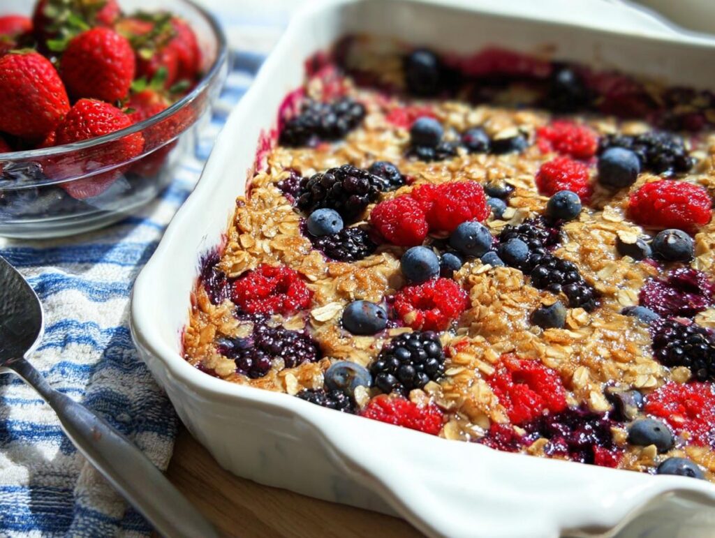 A close-up of a High Protein Triple Berry Bake in a white baking dish, topped with fresh raspberries, blueberries, and blackberries.
