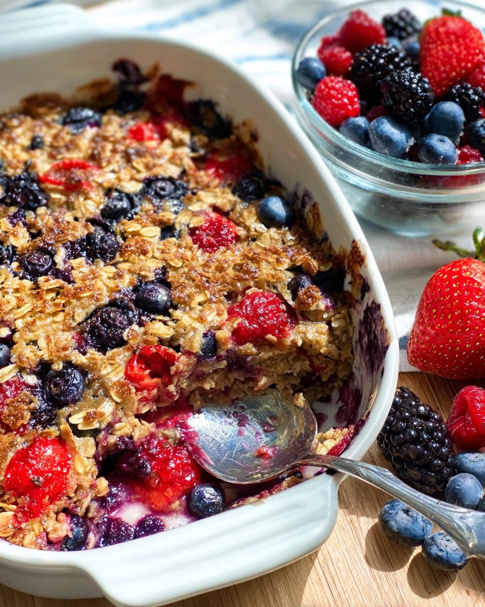 A scoop is taken from a High Protein Triple Berry Bake, revealing juicy berries and a crumble topping.