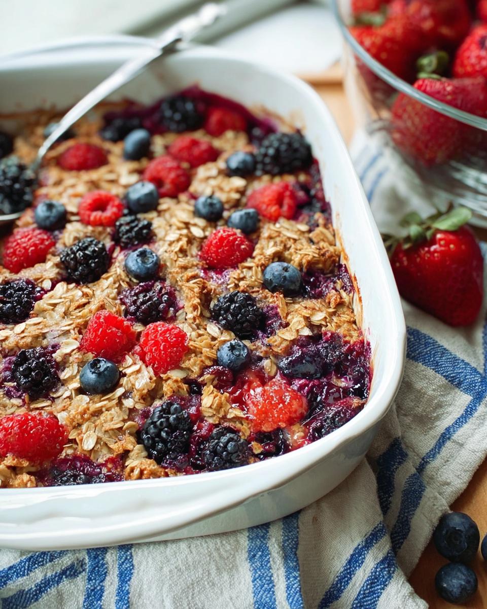 A close-up of a High Protein Triple Berry Bake in a white dish, topped with oats and fresh berries.