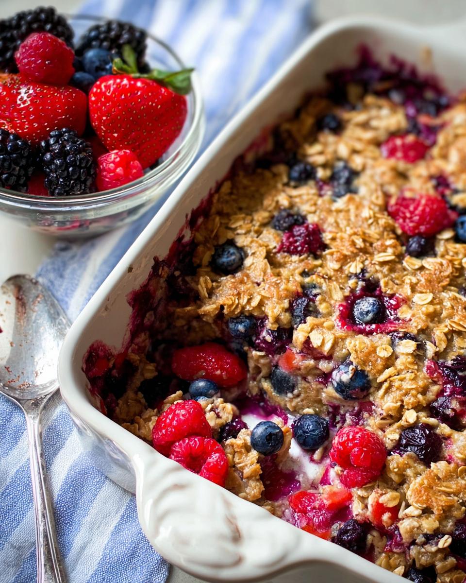 A close-up of a High Protein Triple Berry Bake in a white dish, topped with oats and fresh berries.
