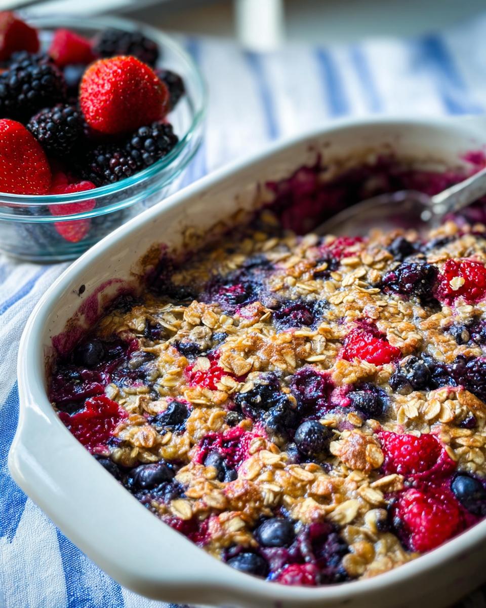 Close-up of a High Protein Triple Berry Bake in a white dish, topped with oats and mixed berries.