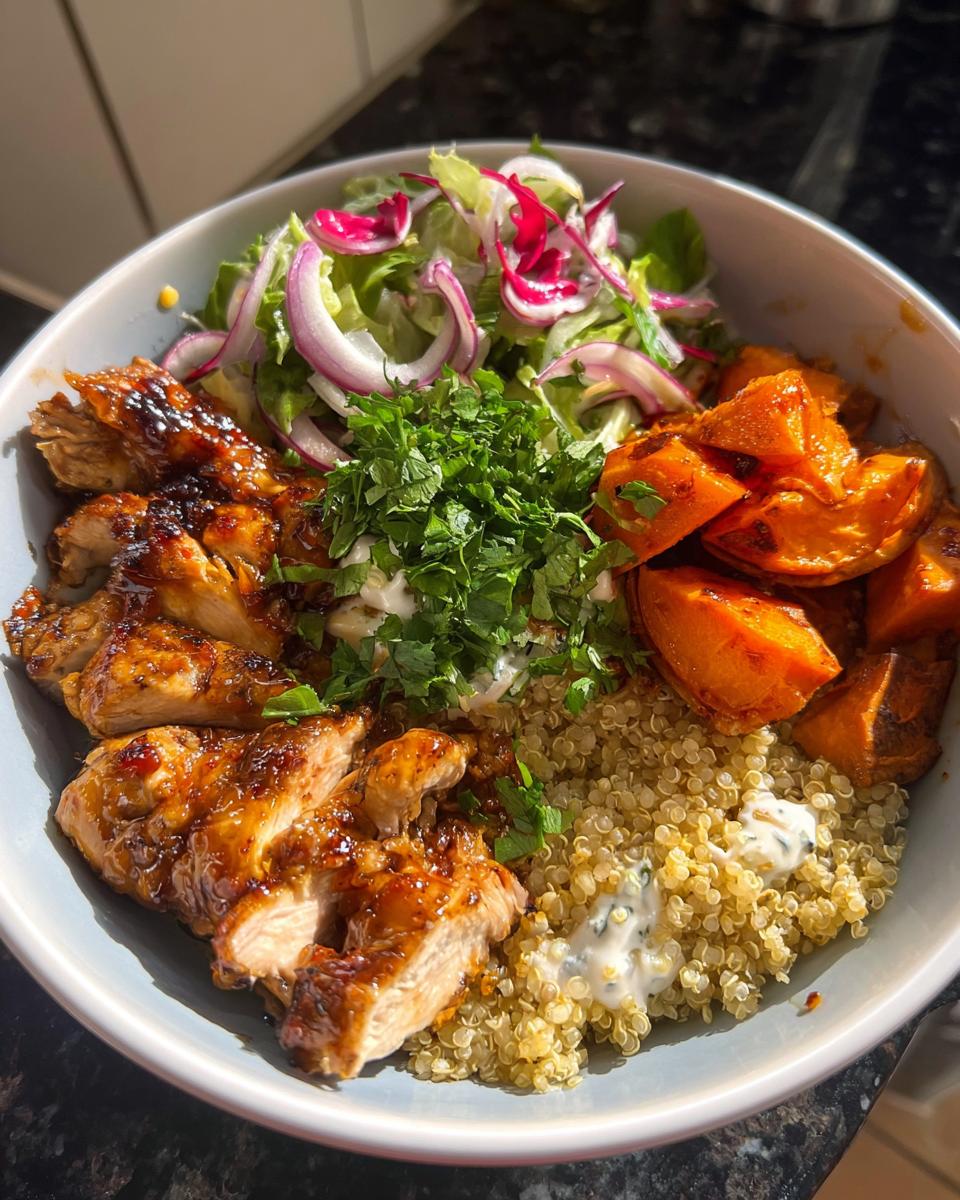 A delicious Hot Honey Chicken Bowl Recipe featuring sliced glazed chicken, roasted sweet potatoes, quinoa, and a fresh salad.