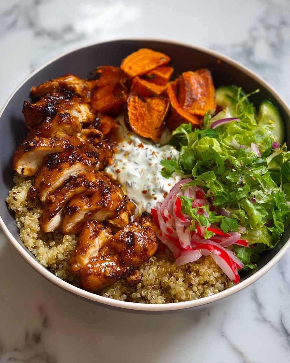 A delicious Hot Honey Chicken Bowl featuring sliced glazed chicken, roasted sweet potatoes, quinoa, salad, and a creamy sauce.