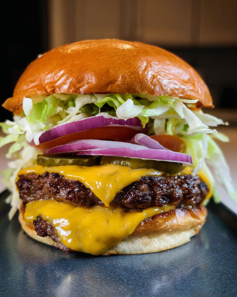 A close-up of an irresistible smash burger with two juicy patties, melted cheddar cheese, lettuce, onion, tomato, and pickles.