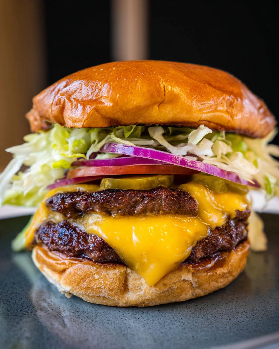 A juicy double patty smash burger with melted cheese, fresh lettuce, tomato, red onion, and pickles.