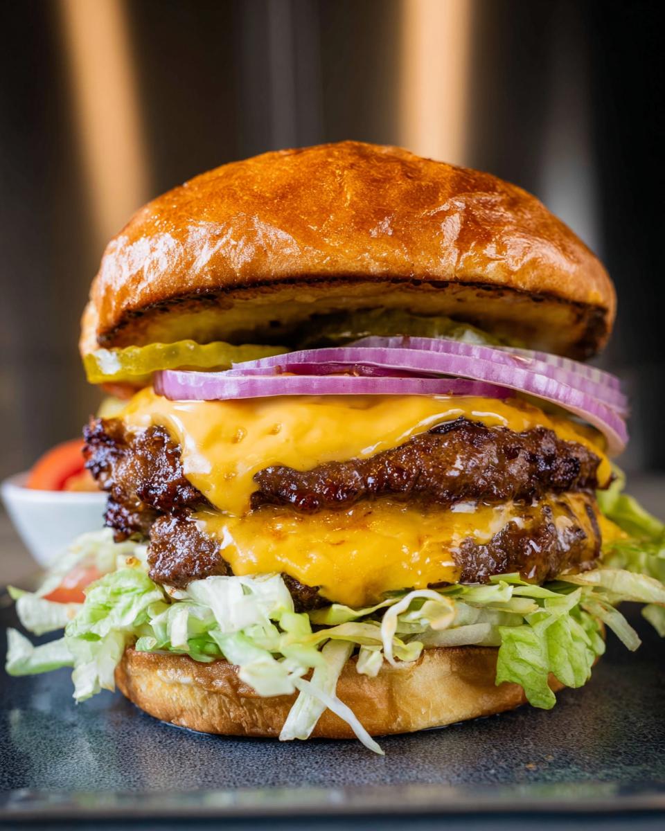 A juicy double patty smash burger with melted cheese, red onion, pickles, and lettuce.