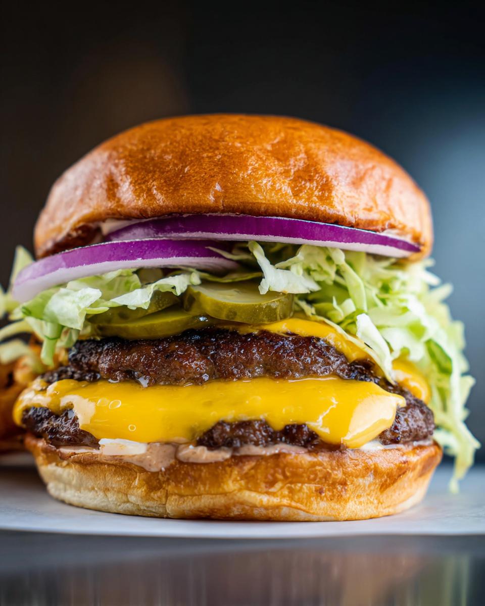 A delicious double patty smash burger recipe with melted cheese, pickles, lettuce, and red onion, drizzled with secret sauce.