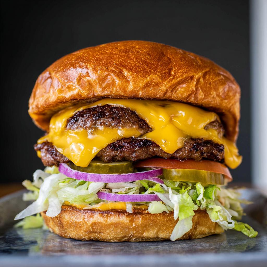 A juicy, double-patty smash burger with melted cheese, lettuce, tomato, onion, and pickles.