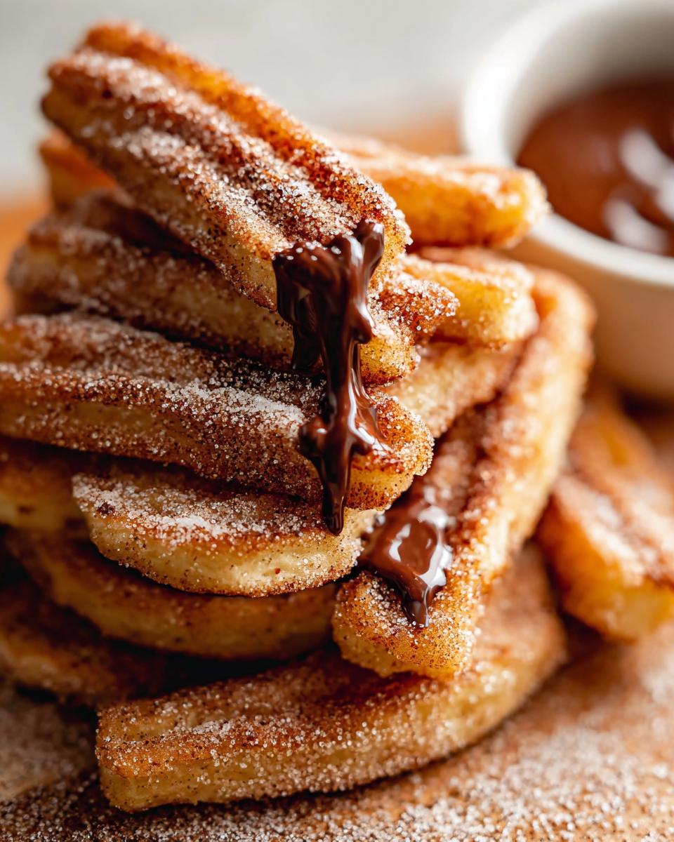 A stack of Irresistible Spanish Churro Pancakes coated in cinnamon sugar, with chocolate sauce dripping down.