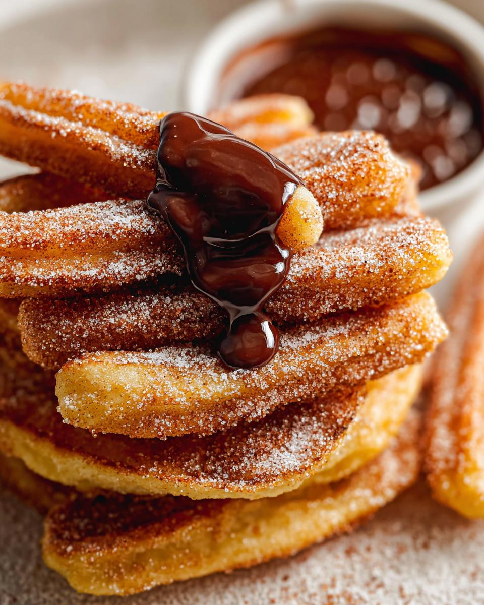 A stack of Irresistible Spanish Churro Pancakes coated in cinnamon sugar, with a drizzle of chocolate sauce.