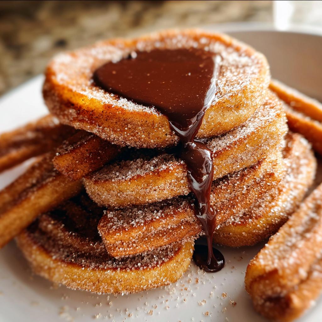 A stack of Irresistible Spanish Churro Pancakes coated in cinnamon sugar, drizzled with rich chocolate sauce.