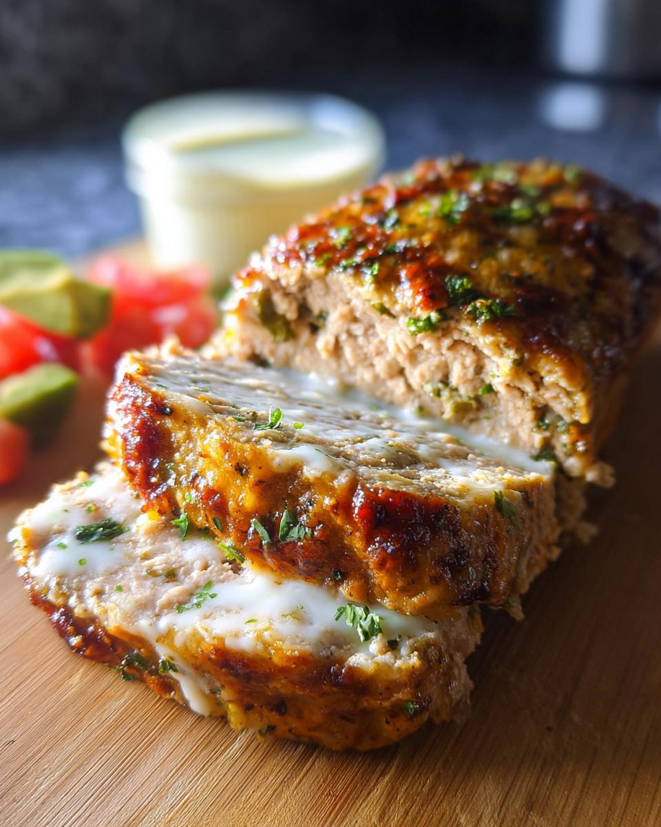 A close-up of a juicy garlic parmesan chicken meatloaf, sliced and showing melted cheese.