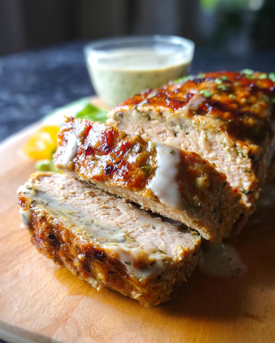Close-up of sliced Juicy Garlic Parmesan Chicken Meatloaf drizzled with sauce on a wooden board.