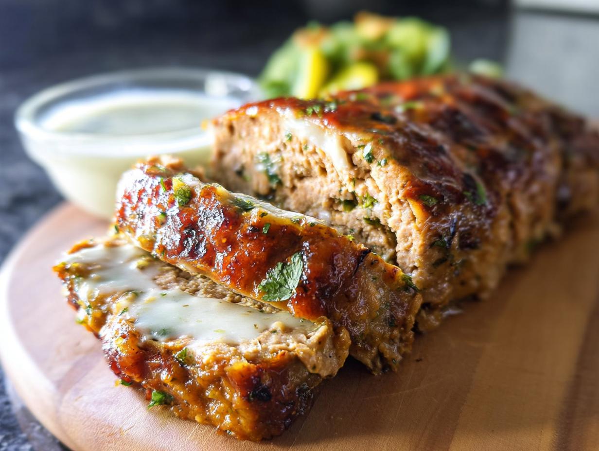 A sliced Juicy Garlic Parmesan Chicken Meatloaf with a glaze and melted cheese, served with a side of sauce.