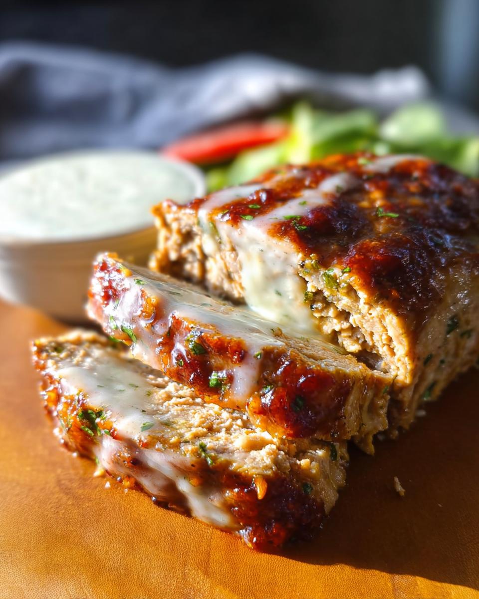 Close-up of juicy garlic parmesan chicken meatloaf slices drizzled with sauce and cheese.