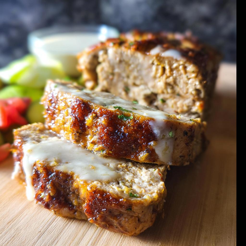 Close-up of two slices of Juicy Garlic Parmesan Chicken Meatloaf, topped with melted cheese and herbs.