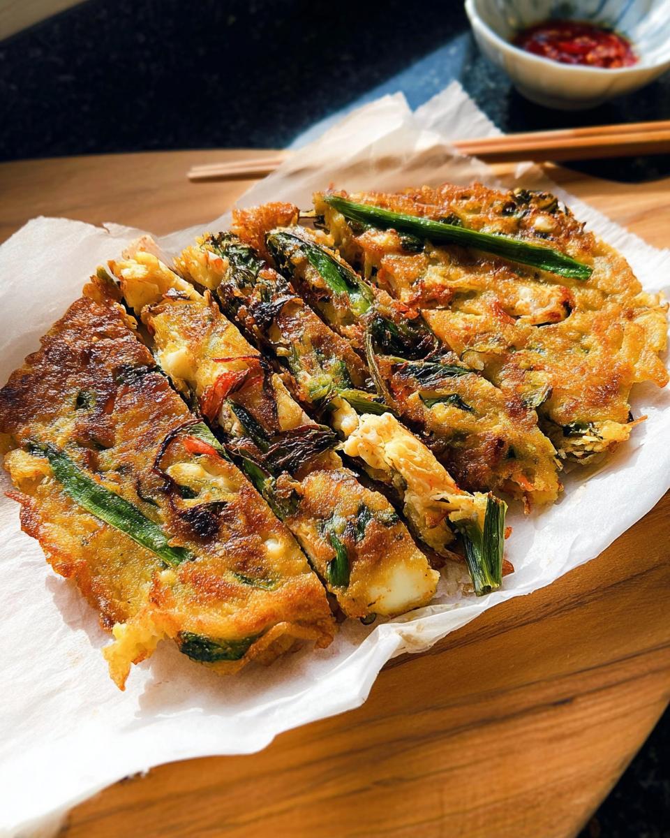 A close-up of sliced Korean Pancakes (Pajeon) with visible scallions and other vegetables, served on parchment paper.