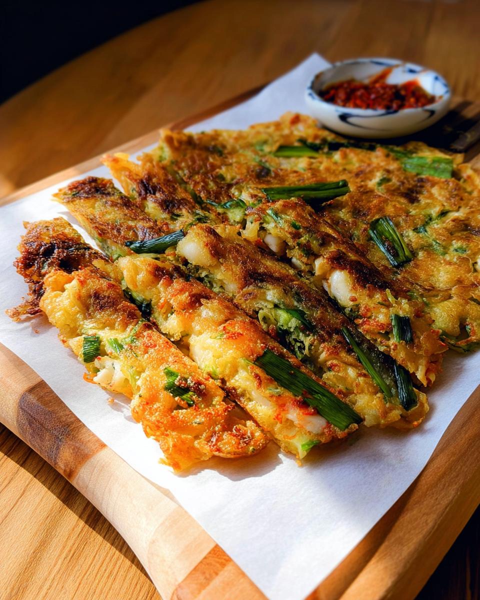 Close-up of crispy Korean Pancakes (Pajeon) sliced and served with a small dish of dipping sauce.