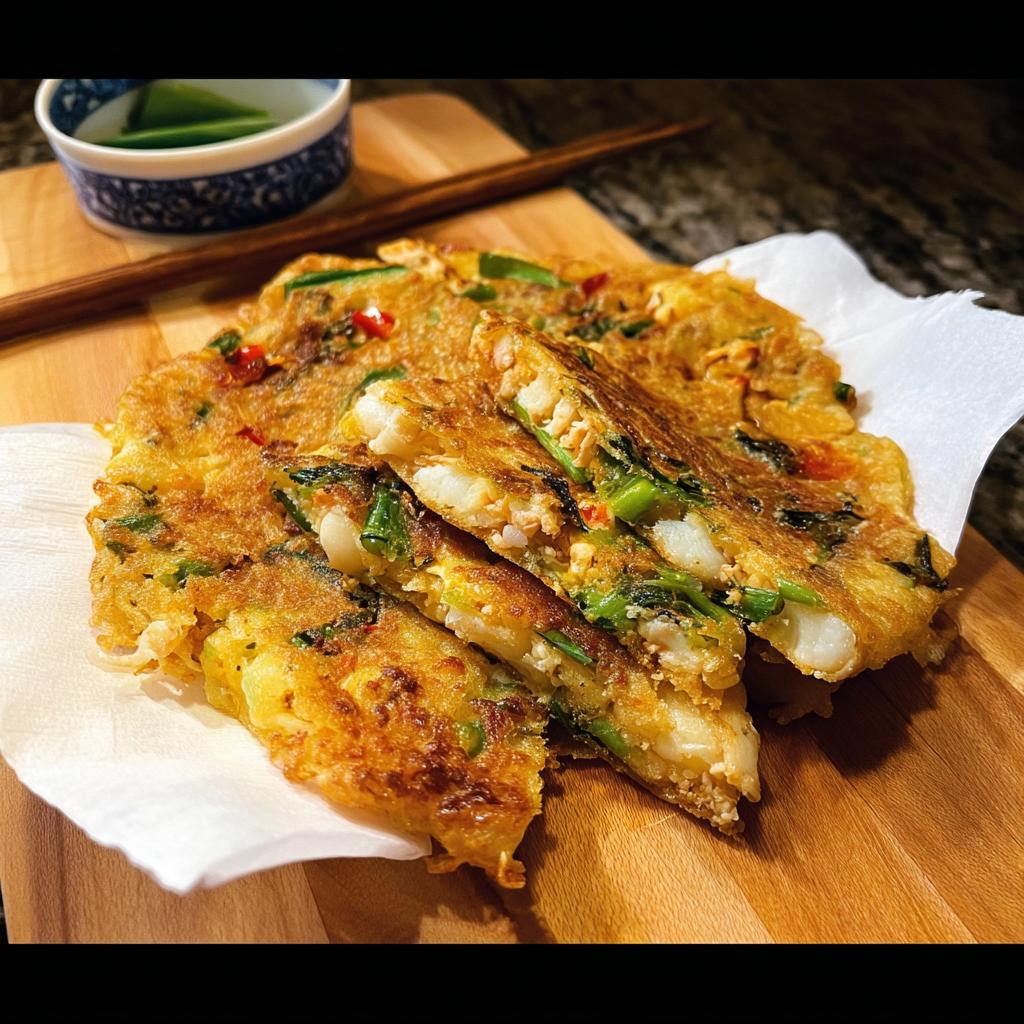 Close-up of golden-brown Korean Pancakes (Pajeon) sliced, revealing tender interior with scallions and seafood.