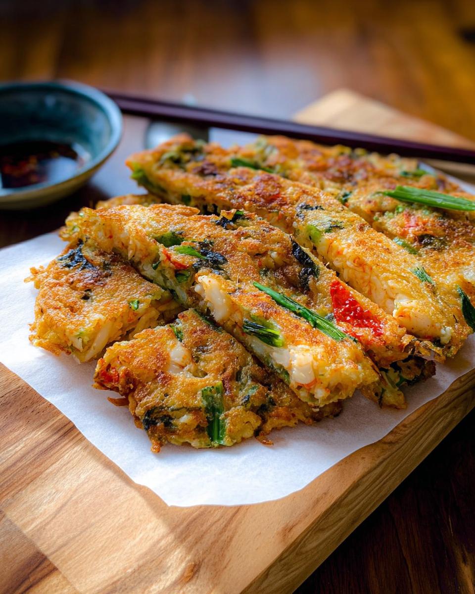 Close-up of sliced Korean Pancakes (Pajeon) with visible shrimp and green onions, served on parchment paper.