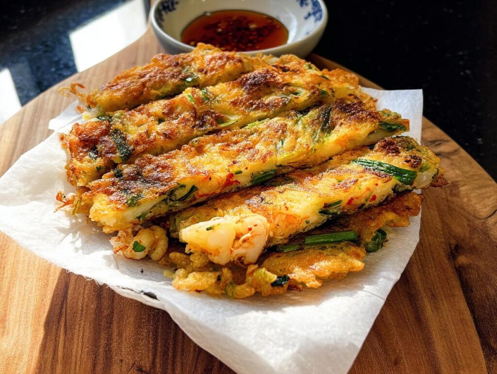 A stack of golden-brown Korean Pancakes (Pajeon) filled with shrimp and scallions, served on a white napkin.