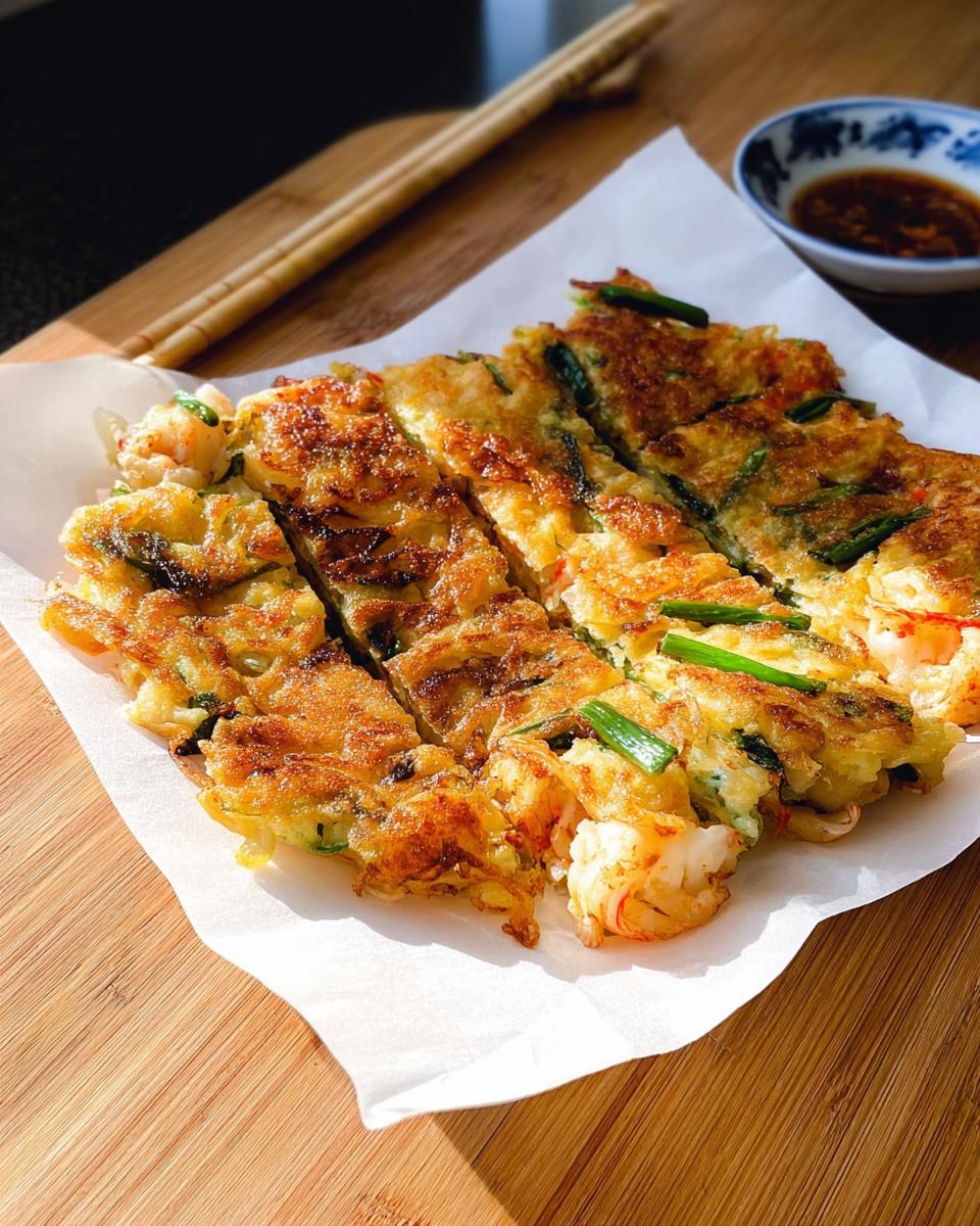 A close-up of freshly made Korean Pancakes (Pajeon) with visible shrimp and green onions, sliced and served on parchment paper.
