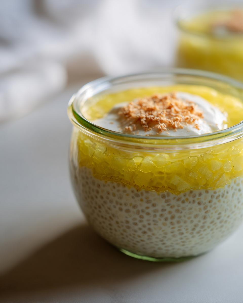 A close-up of Lemon Cream Chia Pudding in a glass jar, topped with whipped cream and a sprinkle of crumbs.
