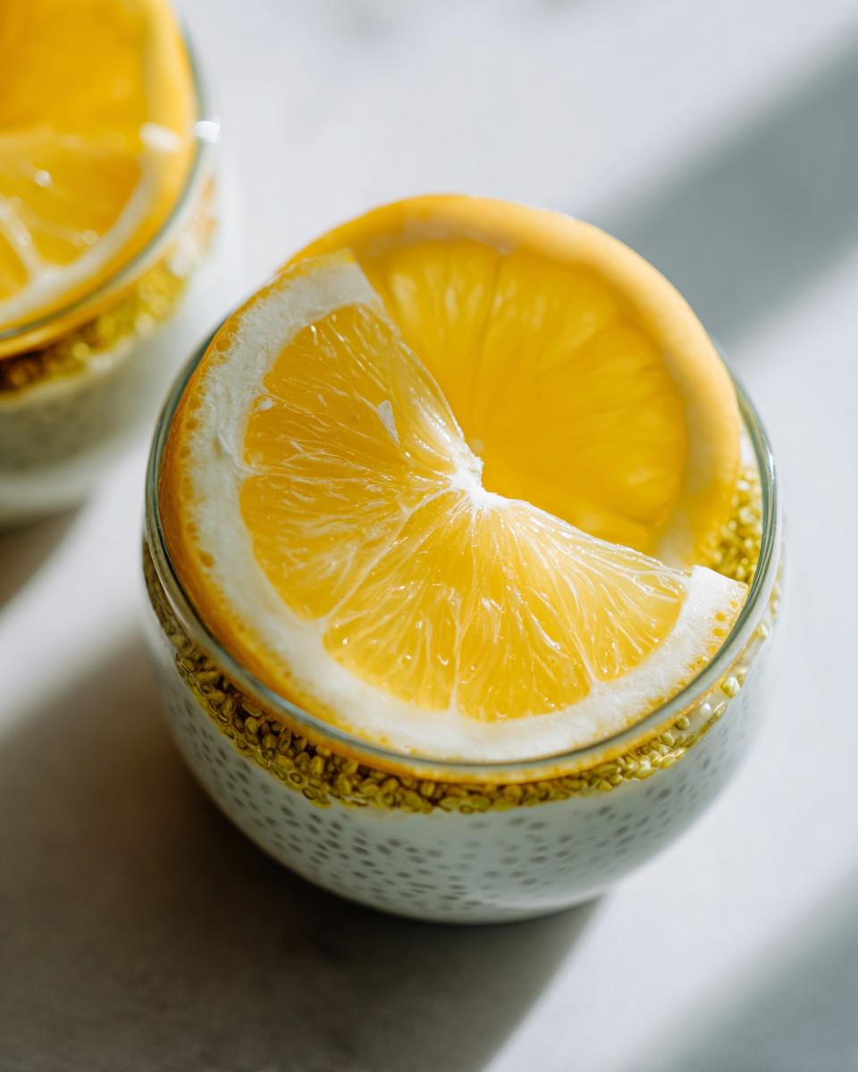 A close-up of a glass of Lemon Cream Chia Pudding topped with a slice of fresh lemon and a sprinkle of golden seeds.