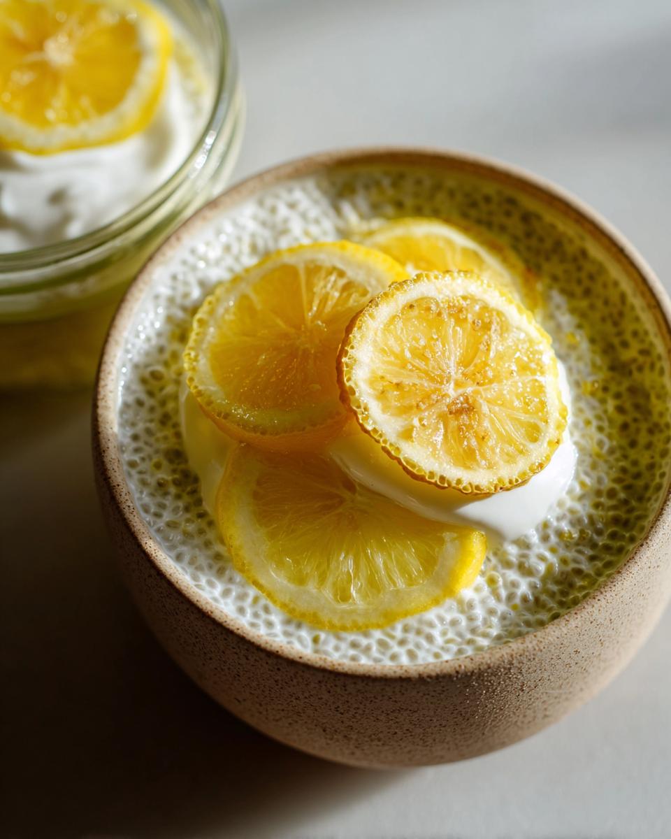 A close-up of a bowl of Lemon Cream Chia Pudding topped with a dollop of cream and fresh lemon slices.